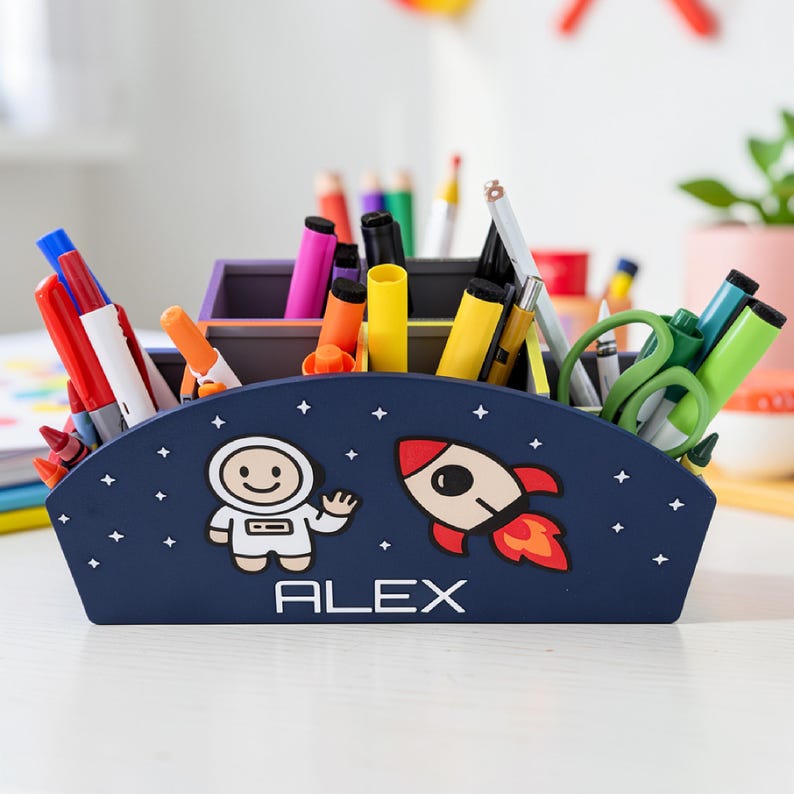 Personalized navy desk organizer with astronaut and rocket details