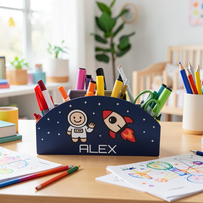 Personalized space organizer filled with markers on a child’s art table