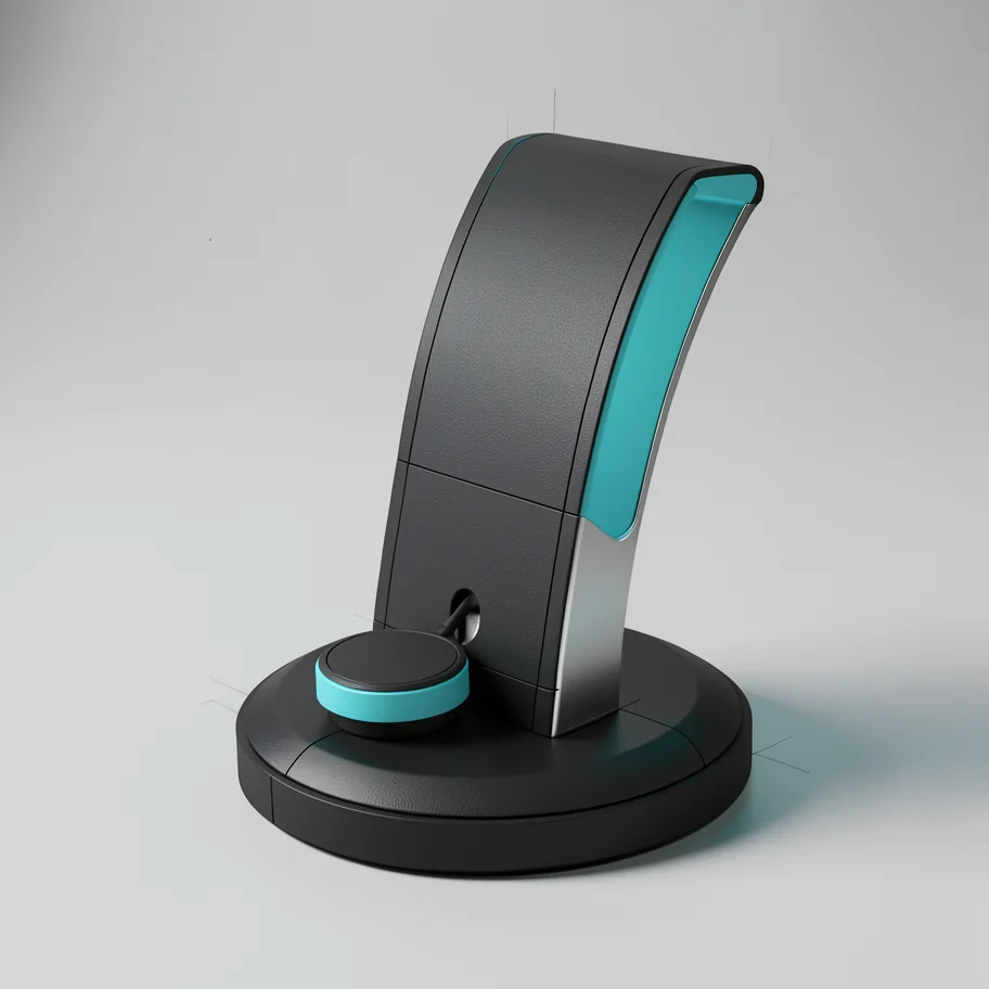 A matte charcoal and cyan rendering of the charging stand