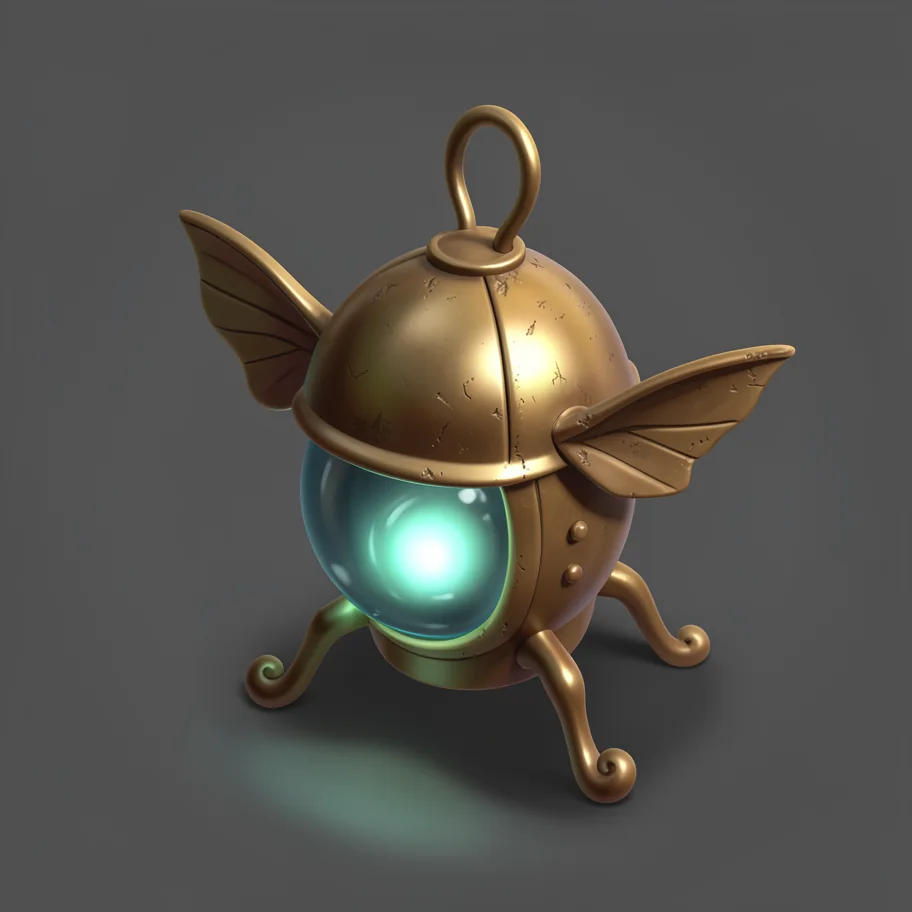 A polished isometric brass beetle lantern with glowing teal glass
