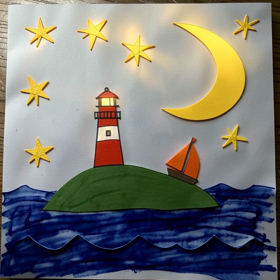 A layered paper-and-gouache treatment of the same lighthouse scene