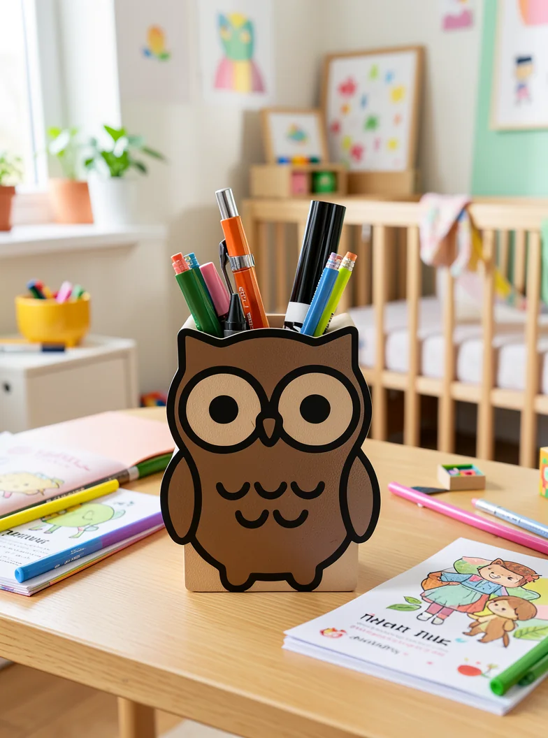 A brown owl pencil holder in a bright classroom-style vignette