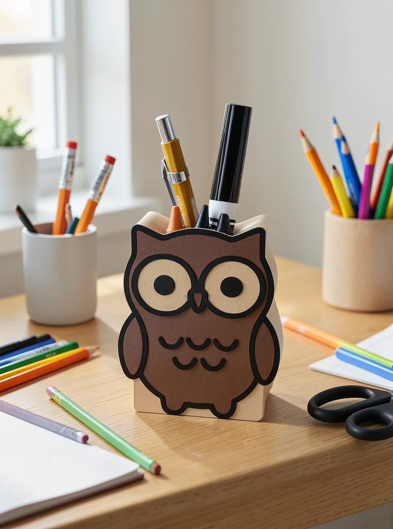 A brown owl pencil holder in a clean everyday desk scene