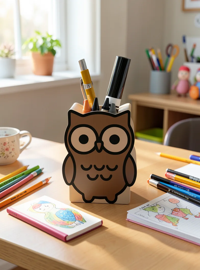 A brown owl pencil holder on a softly lit homework desk