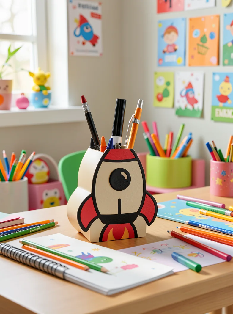 A rocket pencil holder staged on a bright classroom-style desk