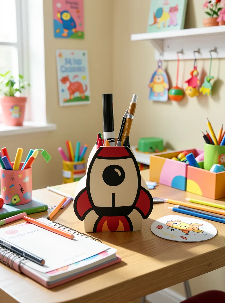 A rocket pencil holder staged on a colorful children’s craft desk