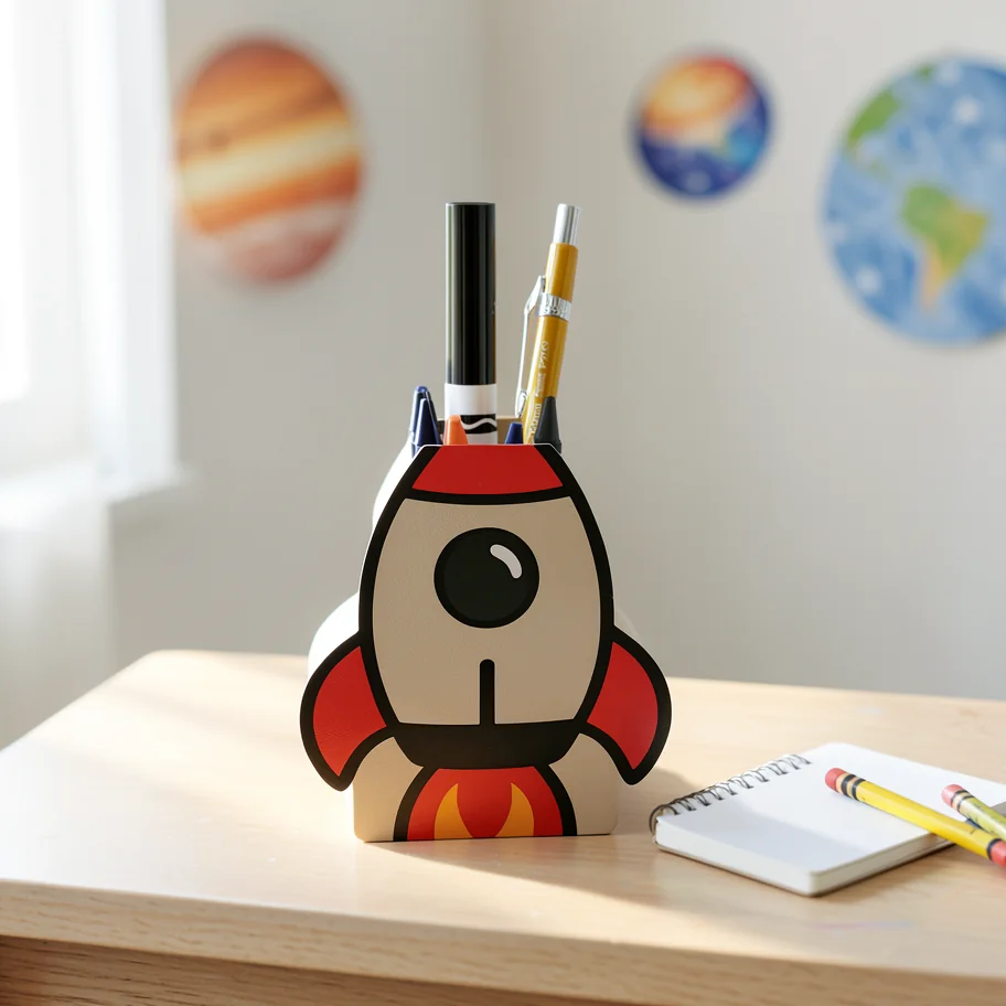 A locally generated product photograph showing the rocket organizer in a softly lit space-themed room