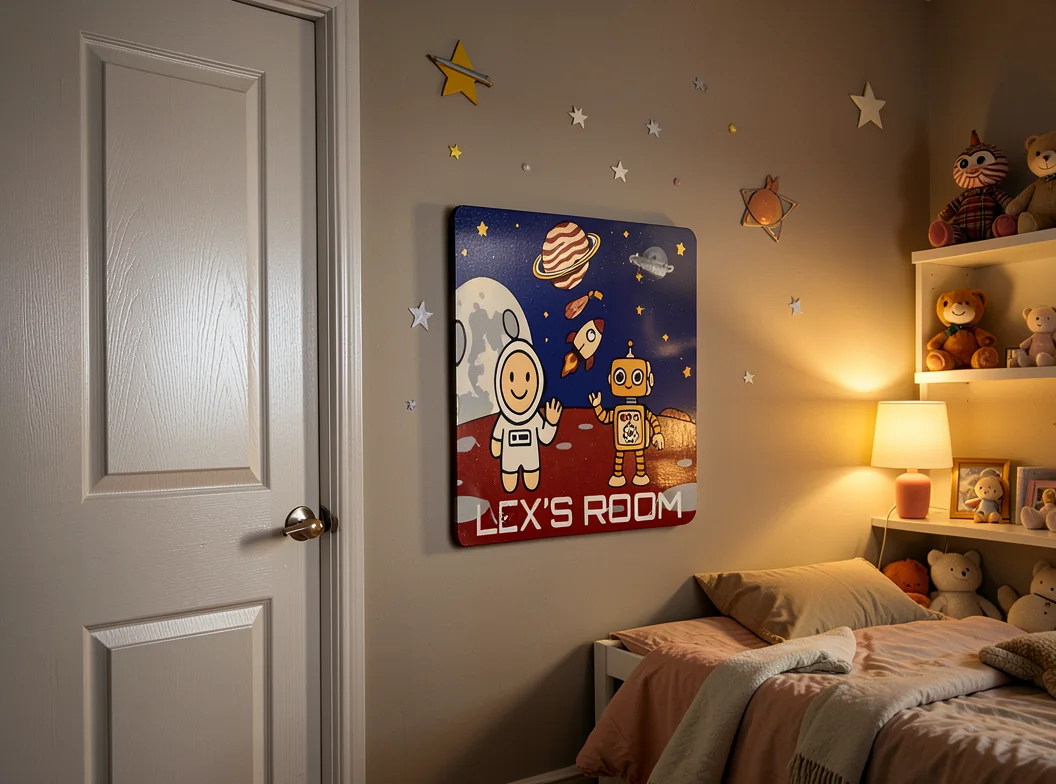 A bedroom scene where the personalized sign text and artwork drifted