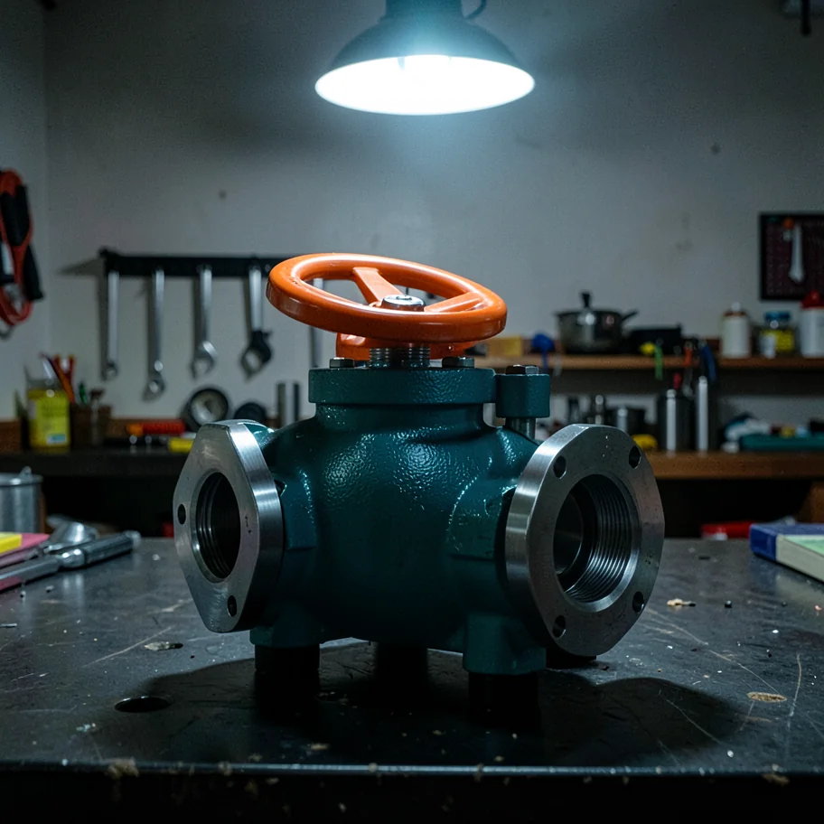 The valve under a cool workshop light with realistic sensor noise