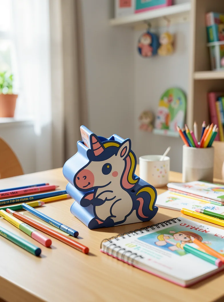 A blue unicorn pencil holder shown on a colorful child’s desk