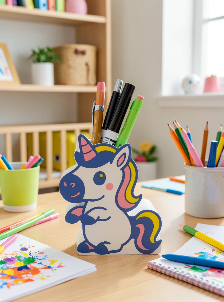 A blue unicorn pencil holder staged in a bright craft-space vignette
