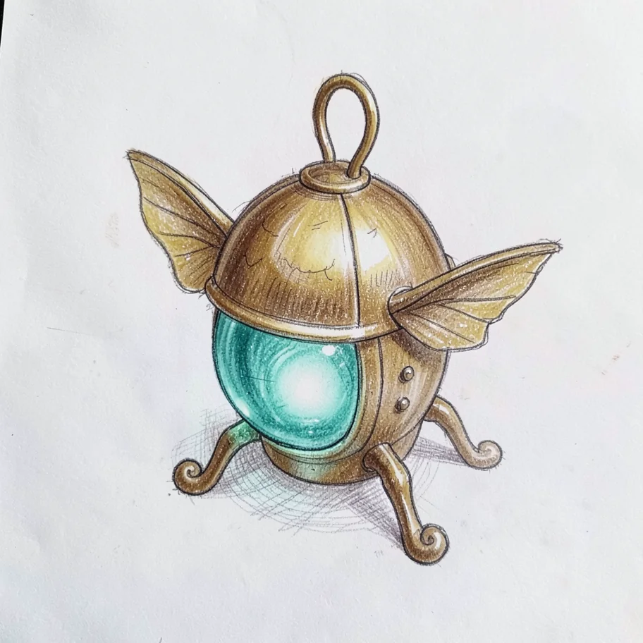 A pencil and marker concept sketch of a beetle-shaped lantern