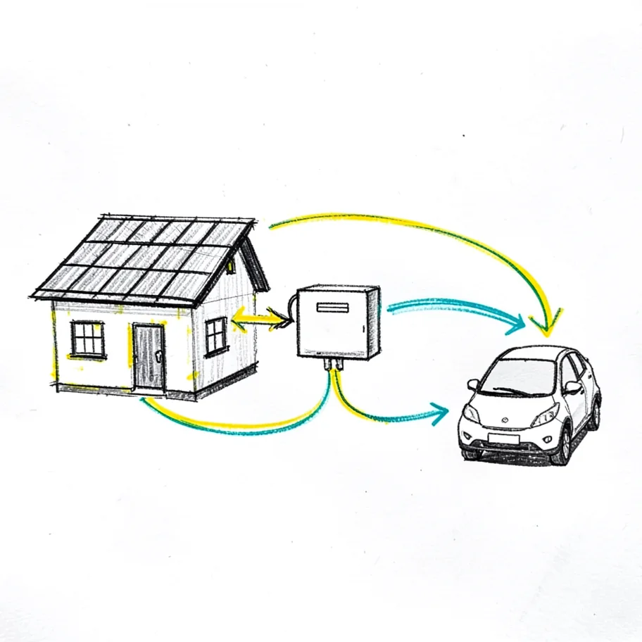 A marker sketch connecting a solar house, battery, and electric car