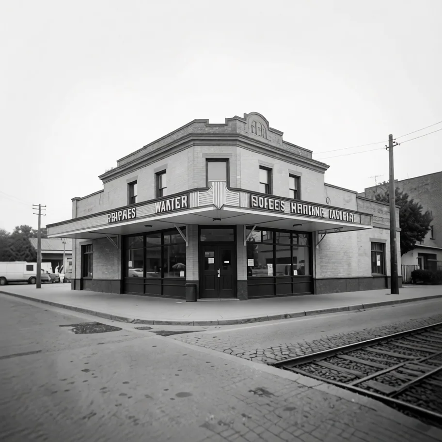 The synthetic depot photograph repaired into a clean monochrome scan