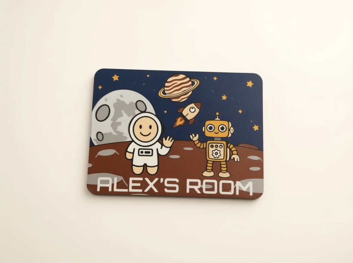 A personalized room sign isolated as a clean Qwen product hero