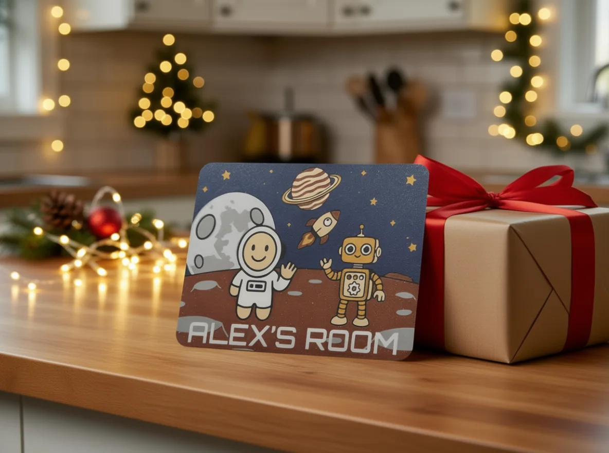 A personalized room sign staged beside a wrapped gift