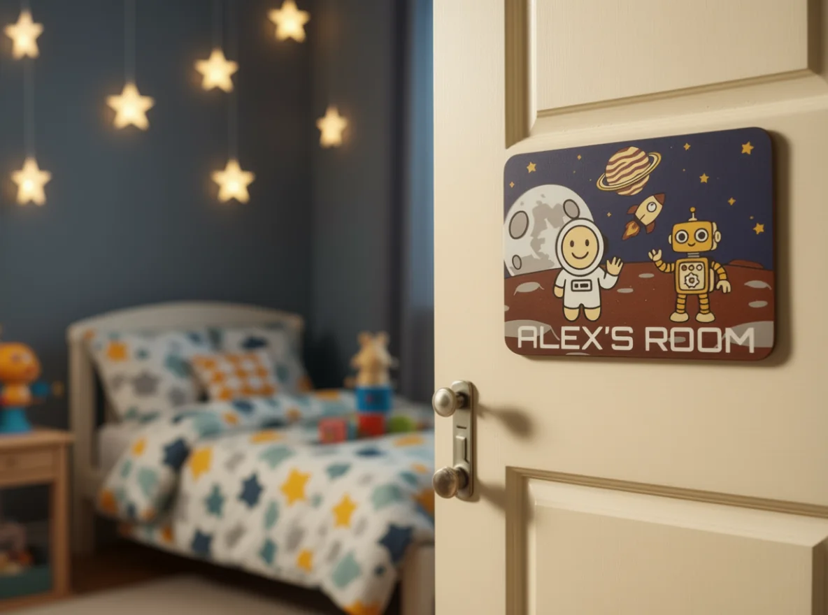 A personalized room sign mounted naturally in a child’s bedroom