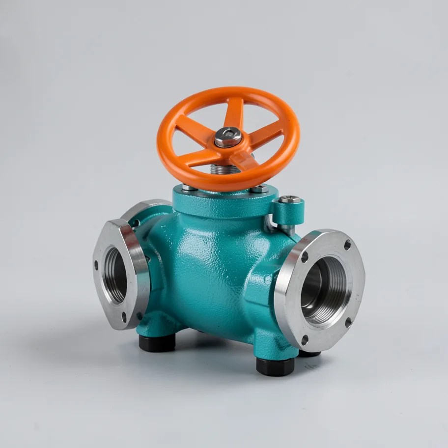 A fictional turquoise industrial valve on a neutral studio background
