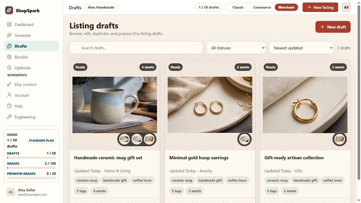 Current ShopSpark draft library with product images, status, tags, and generated assets