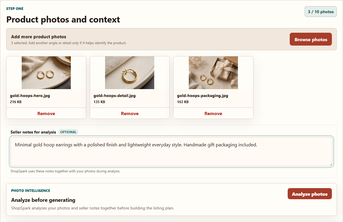 ShopSpark generator with realistic gold hoop earring product photos and seller notes