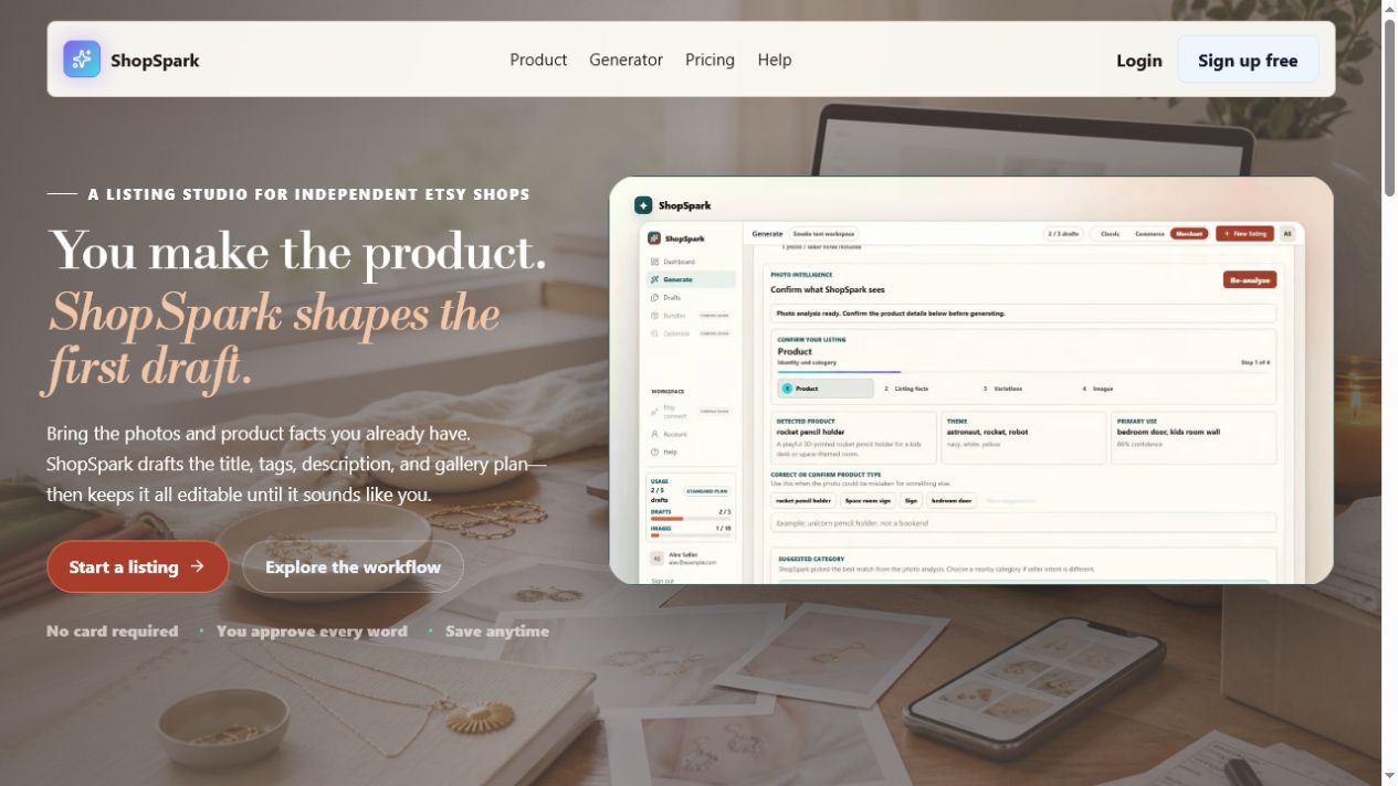 Current ShopSpark homepage showing the listing studio and product workflow
